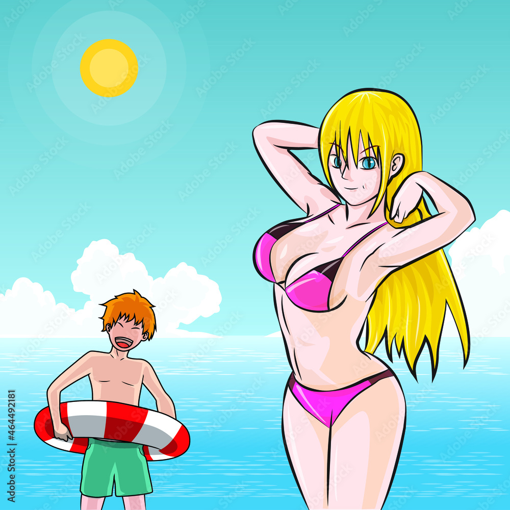 woman wear bikini and boy use bubble prepare to swim at the sea