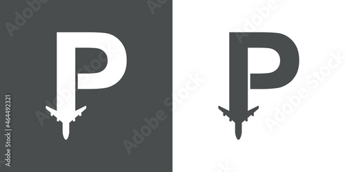 Logotipo con silueta de avión con trayectoria con forma de letra inicial P en fondo gris y fondo blanco