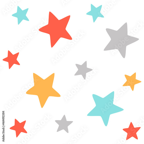 Bright stars background on a white background. Blue, red, yellow, gray stars. Vector graphics. Creation. Childish, minimalistic style. Design for textiles, web sites, notebooks, stickers.