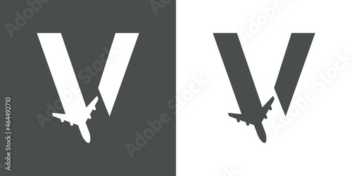 Logotipo con silueta de avión con trayectoria con forma de letra inicial V en fondo gris y fondo blanco