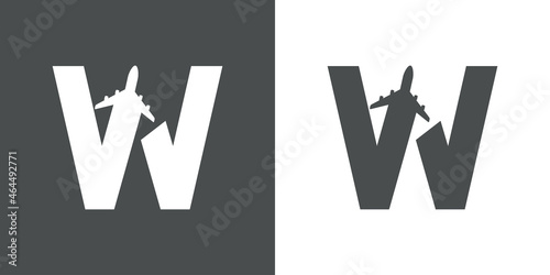 Logotipo con silueta de avión con trayectoria con forma de letra inicial W en fondo gris y fondo blanco