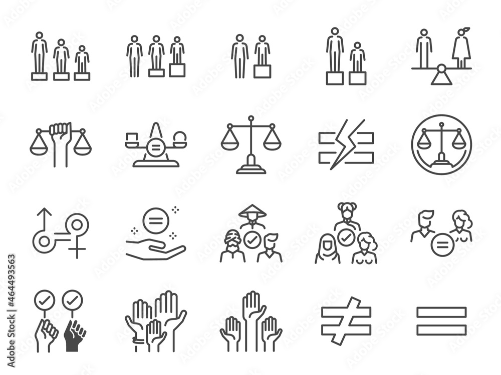 Equality and equity line icon set. Included the icons as gender, racial, sexual orientation, judge, equity, respect, and more. Equality and equity line icon set. Included the icons as gender, racial, sexual orientation, judge, equity, respect, and more.