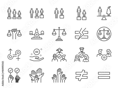 Equality and equity line icon set. Included the icons as gender, racial, sexual orientation, judge, equity, respect, and more.