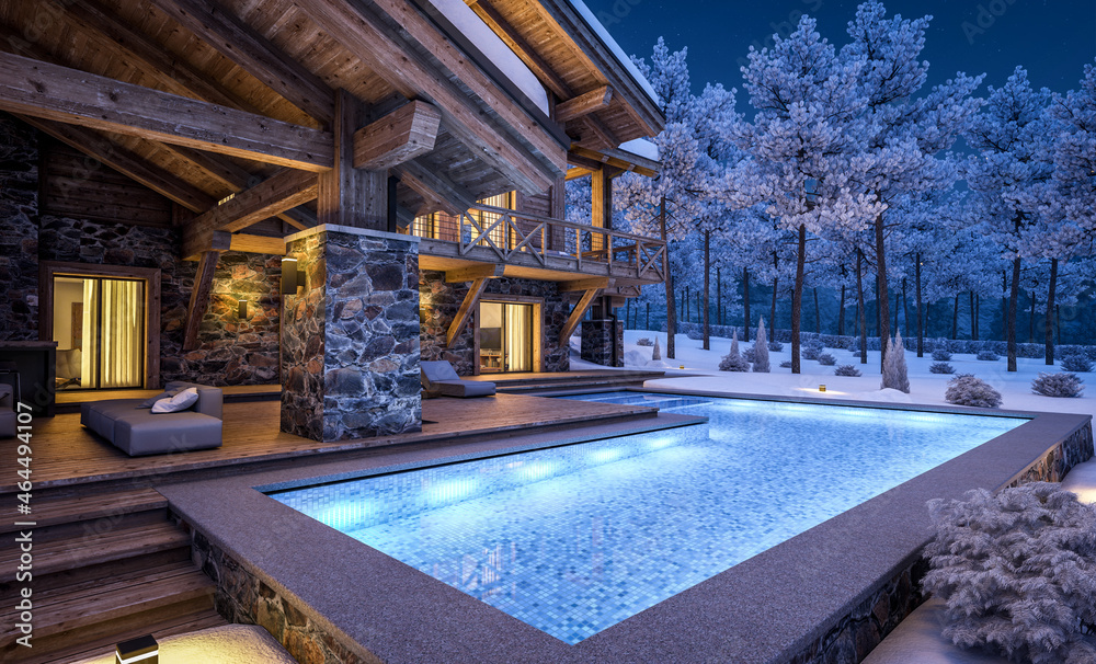 3d rendering of modern cozy chalet with pool and parking for sale or rent. Beautiful forest mountains on background. Massive timber beams columns. Cool winter night with stars in sky.