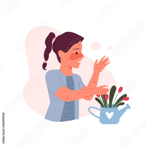 Allergic symptom to flower pollen in child vector illustration. Cartoon girl with itchy red skin on face standing near flower in pot isolated on white. Rash and fever from allergy, medical concept