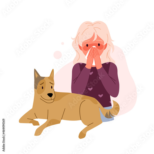 Girl with pet allergy vector illustration. Cartoon sad child with runny nose and watery eyes, rhinitis, cough and sneeze allergic reaction to animal fur isolated on white. Infographic medicine concept