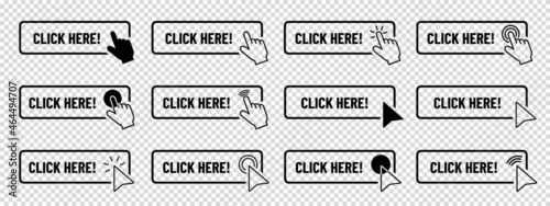 Click Here Button Set - Different Flat Vector Illustrations Isolated On Transparent Background photo