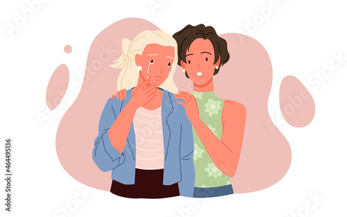 Friends or family support for crying girl vector illustration. Cartoon young woman comforting female best friend or sister, suffering from stress and depression. Assistance, friendship, care concept