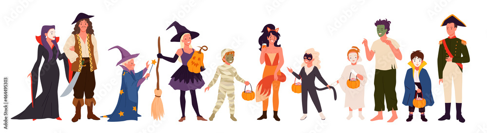 Halloween party characters, adults and children in monster costumes set vector illustration. Cartoon zombie pirate wizard witch mummy fox cat ghost vampire captain standing together isolated on white Halloween party characters, adults and children in monster costumes set vector illustration. Cartoon zombie pirate wizard witch mummy fox cat ghost vampire captain standing together isolated on white