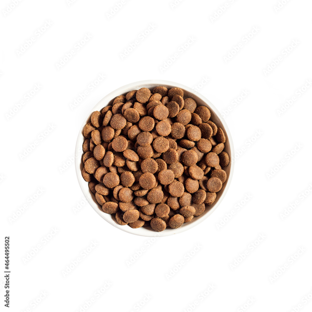 Dry pet food in a white ceramic bowl isolated on white background Dry pet food in a white ceramic bowl isolated on white background