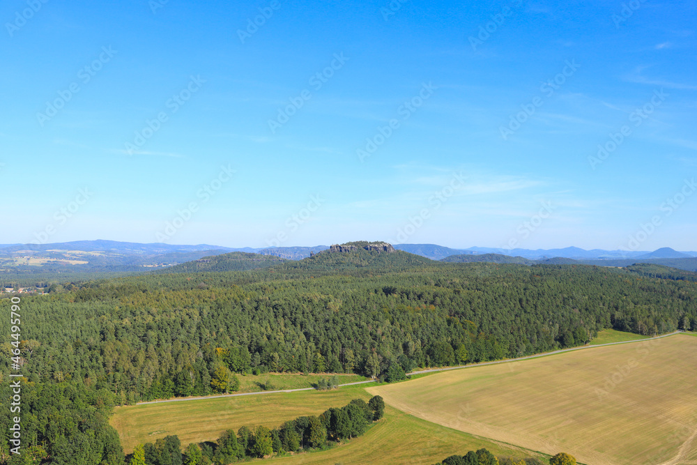 Fototapeta premium Outlook from mountain Pfaffenstein to Gohrischstein, Saxon Switzerland - Germany