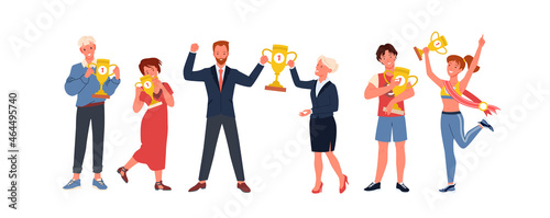 Cartoon sportswoman winning gold trophy cup at competition, business people holding prize in hands. Success, victory concept. Happy people winners with first place awards set vector illustration