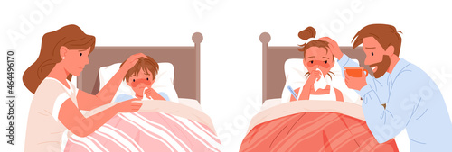 Cartoon father character sitting next to son with cold fever, mother and sick daughter isolated on white. Sick child lying in bed at home bedroom, childhood disease illness set vector illustration