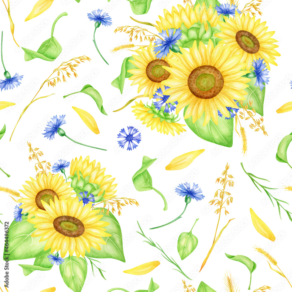 Sunflowers seamless pattern. Hand drawn watercolor bouquets with yellow flowers, cornflowers, wheat spikelets illustration. Bright floral repeated background isolated on white for wrapping, fabrics.