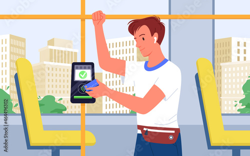 Contactless payment service in public transport vector illustration. Cartoon man paying for ticket, using credit card for travel in bus, metro tram or trolley. Automated card ticket validation concept