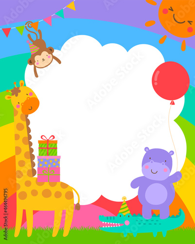 Cute safari cartoon animals with rainbow background for kids party invitation card template.