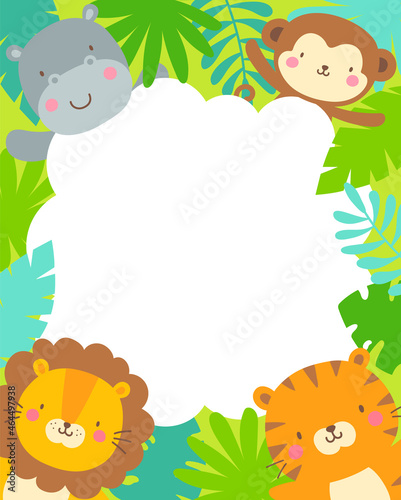 Cute safari cartoon animals and tropical leaves border with copy space for kids party invitation card template.