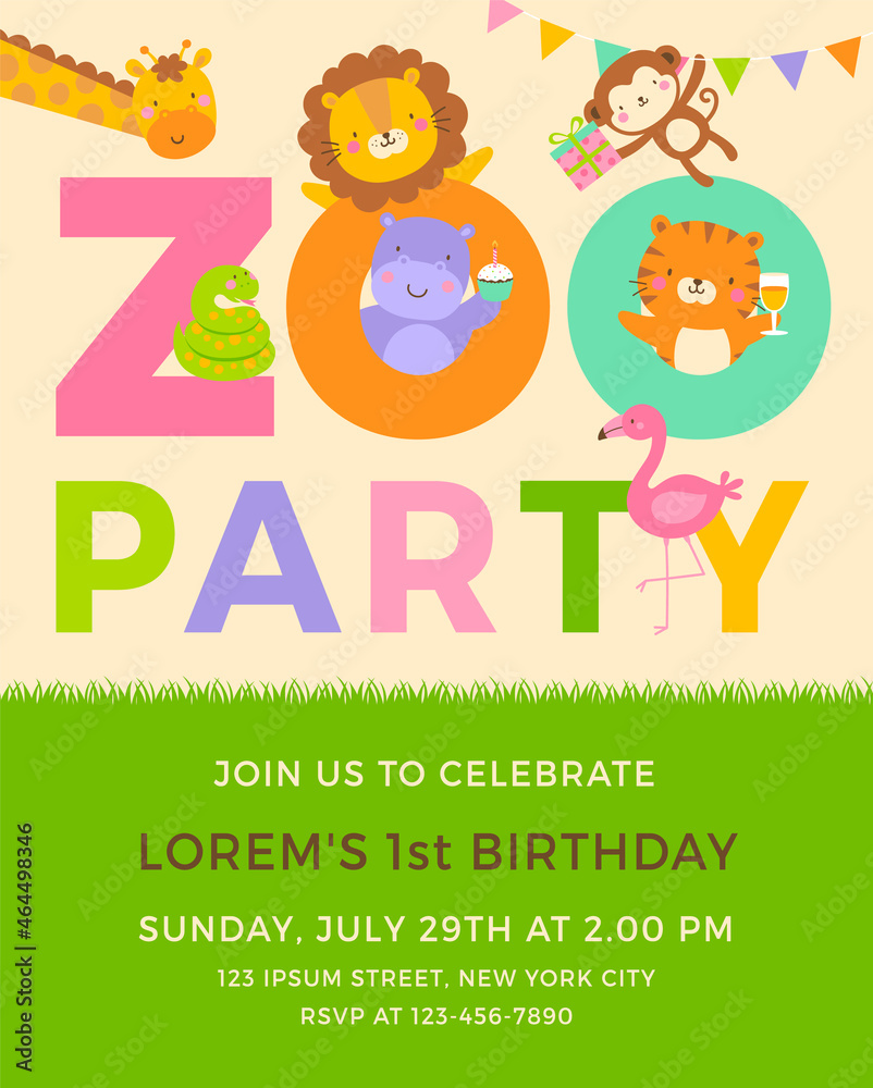 Fototapeta premium Cute safari cartoon animals and typography design with copy space for kids party invitation card template.
