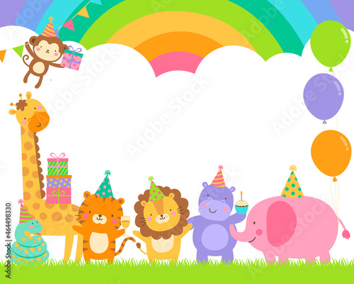 Photography Cute safari cartoon animals border with copy space for kids party invitation card template