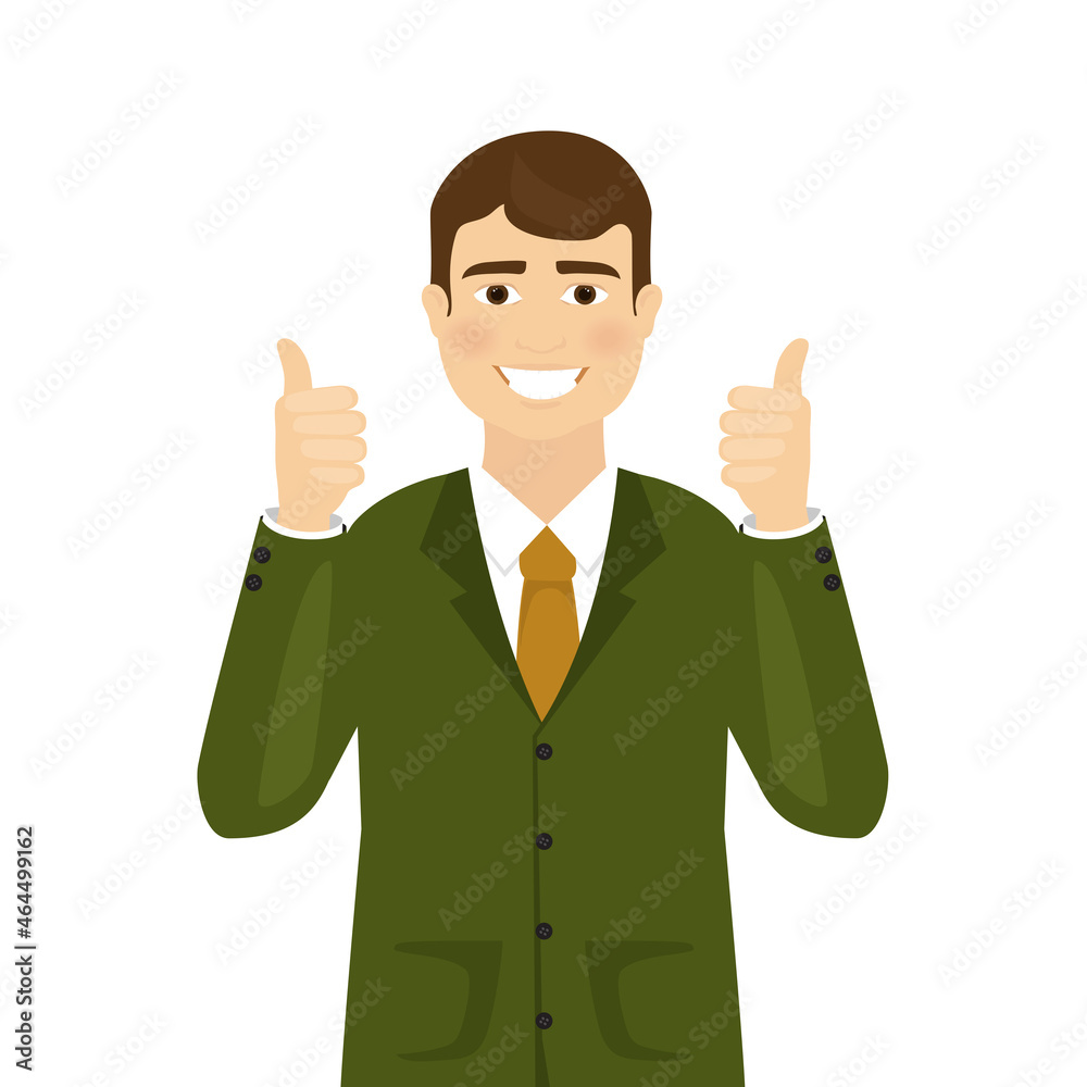 Man shows thumbs up isolated on white background. Modern business man showing okay sign. For web site, poster, placard and app. Vector illustration Man shows thumbs up isolated on white background. Modern business man showing okay sign. For web site, poster, placard and app. Vector illustration