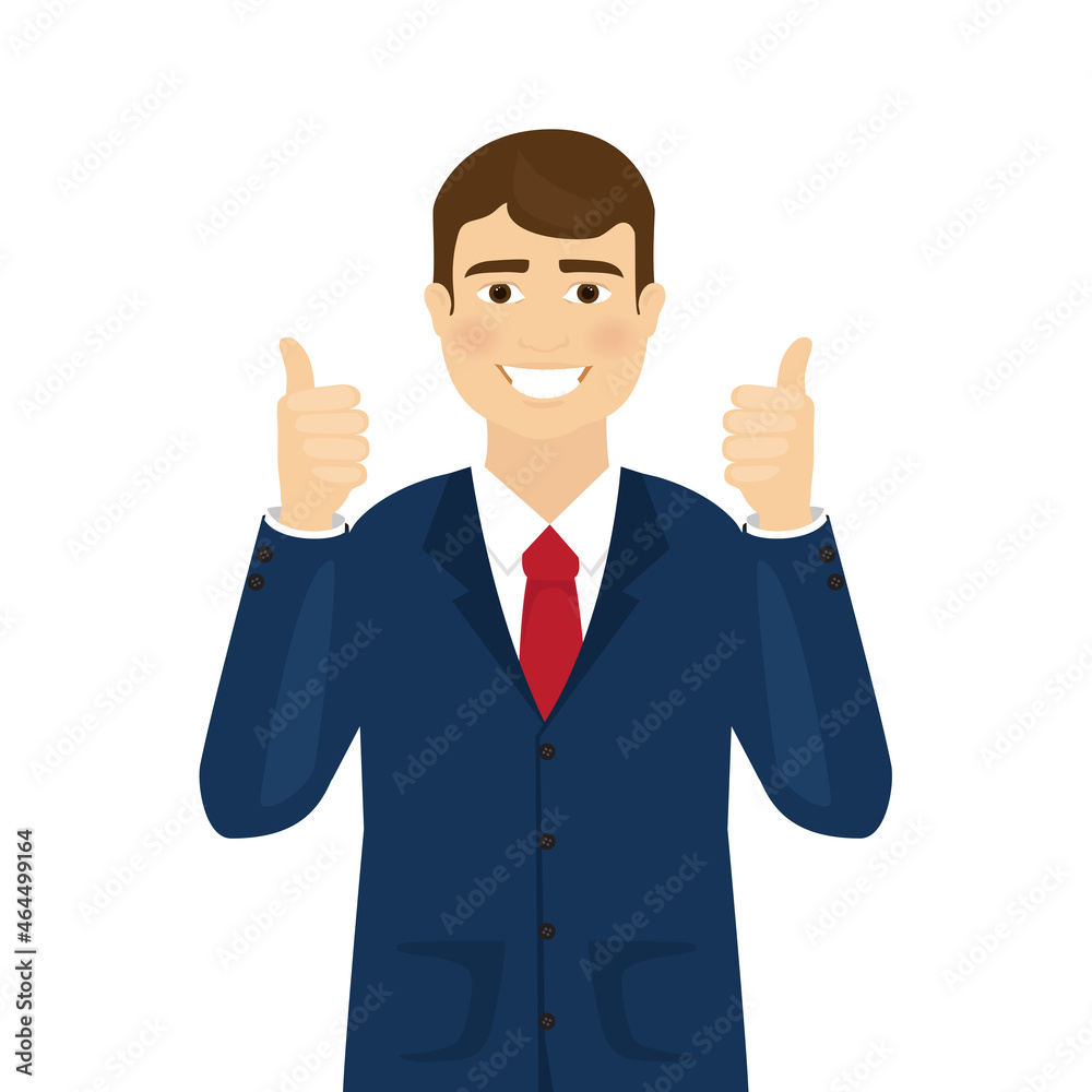 Man shows thumbs up isolated on white background. Modern business man showing okay sign. For web site, poster, placard and app. Vector illustration