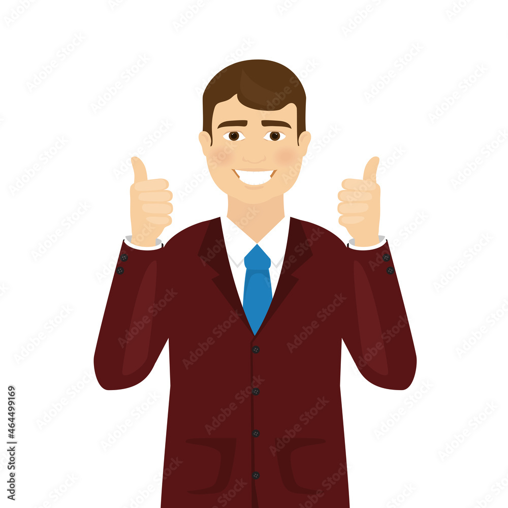 Man shows thumbs up isolated on white background. Modern business man showing okay sign. For web site, poster, placard and app. Vector illustration Man shows thumbs up isolated on white background. Modern business man showing okay sign. For web site, poster, placard and app. Vector illustration