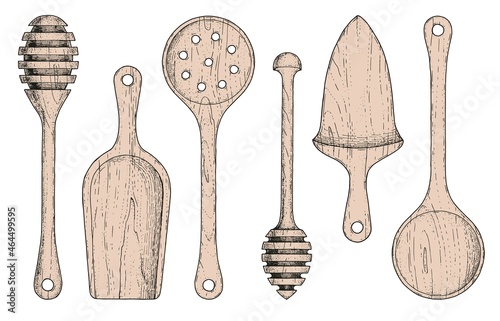 Vector set of various kitchen accessories. Hand-drawn sketches engraving style. Collection of wooden tableware. Wooden spoons, spatulas and ladle. Isolated objects on a white background