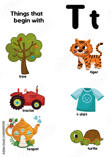 Things that start with the letter T. Educational, vector illustration for children.
