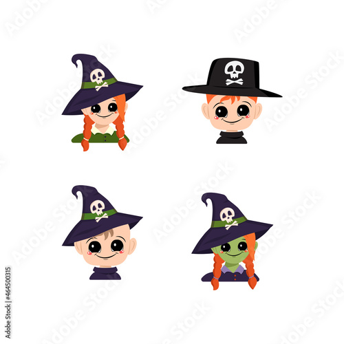 Set of girl, boy and baby with white and green skin, red hair, big eyes and wide happy smile in pointed witch hat with skull. Head of child with joyful face. Halloween party decoration