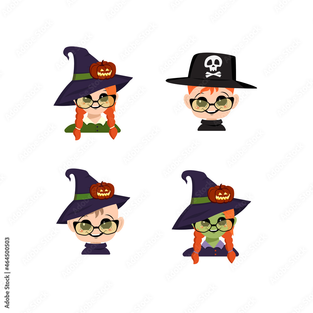 Set of girl, boy and baby with white and green skin, red hair, big eyes, glasses and wide happy smile in pointed witch hat with pumpkin. Head of child with joyful face. Halloween party decoration