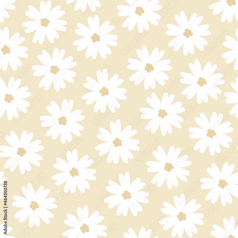 Chamomile flower seamless pattern. White camomile flower petal blossom on pale yellow background. Simple cute hand drawn cartoon style textile fabric pattern template. Vector botany illustration Chamomile flower seamless pattern. White camomile flower petal blossom on pale yellow background. Simple cute hand drawn cartoon style textile fabric pattern template. Vector botany illustration