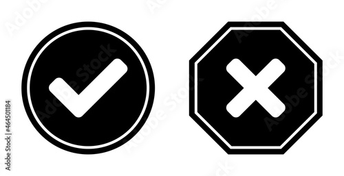 Black and White Yes and No or Right and Wrong or Approved and Declined Icons with Check Mark and X Cross Signs. Vector Image.