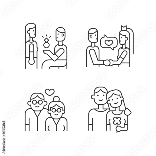 Stages of romantic relationship linear icons set. Man proposing to woman. Wedding vows. Old couple. Customizable thin line contour symbols. Isolated vector outline illustrations. Editable stroke