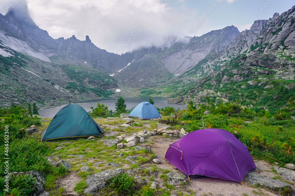 Tent camp in the mountains of the Ergaki natural park