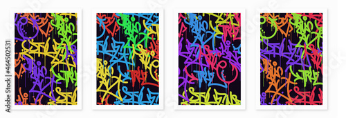 multicolored graffiti  background with letters, bright colored lettering tags in the style of graffiti street art. Vector illustration set