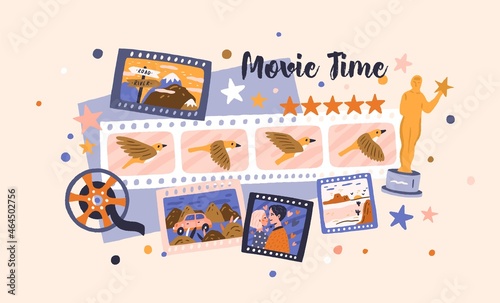 Filmstrips and cinema award for best festival film. Hollywood prize winners in cinematography industry. Video production, cine theater, and movie time concept. Colored flat vector illustration