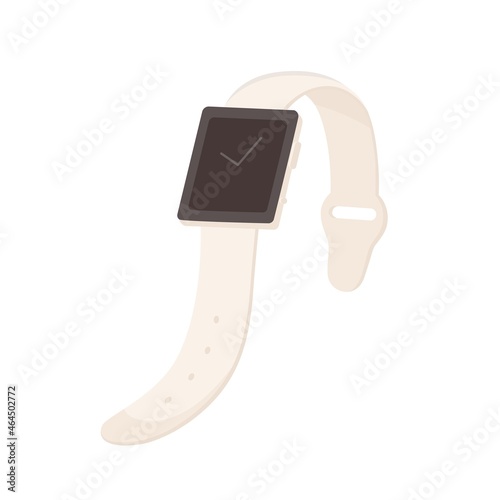 Smart hand watch with black display and leather strap. Wrist clock with square screen and adjustable bracelet. Flat vector illustration of handwatch or smartwatch isolated on white background