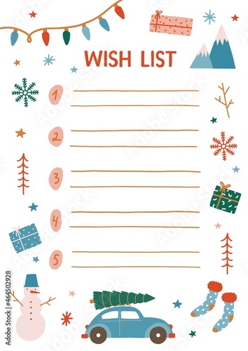 Christmas wish list vector illustration. Decorated notebook sheet page with empty lines. Childish Xmas expectations. New Year holiday items design elements isolated on white background.
