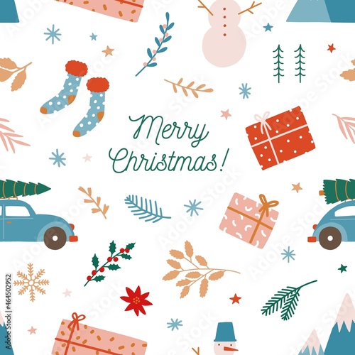Christmas holiday flat vector seamless pattern. Winter holiday background. Festive Xmas texture. Traditional seasonal backdrop. Creative New Year wallpaper, textile, wrapping paper design.