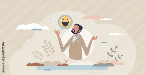 Sense of humor and funny story telling to get laughter tiny person concept. Human skill and talent to express anecdotes or stand up comedy vector illustration. Happy emotion or feeling face expression