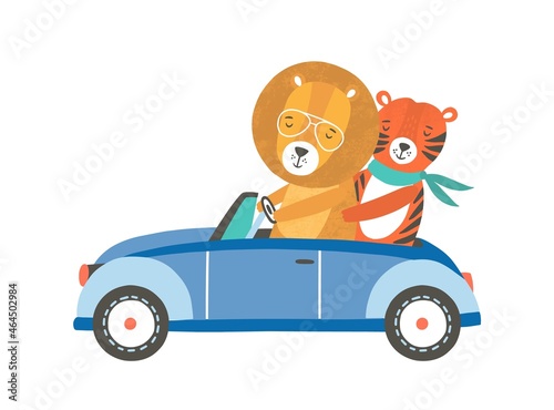 Funny lion and tiger in car flat vector illustration. Cute friends riding automobile cartoon characters. Cute wild animals on road trip. Adorable zoo inhabitants with transport. Holiday journey.