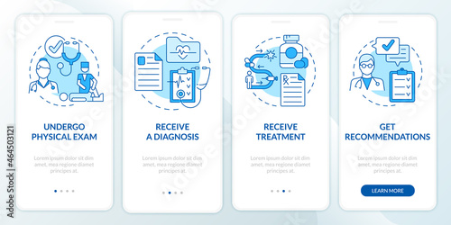 PT process blue onboarding mobile app page screen. Health care. Physical therapy walkthrough 4 steps graphic instructions with concepts. UI, UX, GUI vector template with linear color illustrations