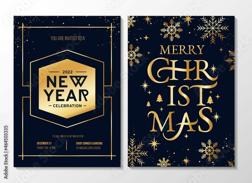 Modern New year party invitation design template. Geometric christmas design with gold typography lettering. New year greeting card. Vector illustration