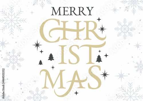 Merry Christmas greeting card with linear snowflakes, stars and decorative elements. Modern New Year typography design for invitation, banner, flyer etc. Vector illustration. Gold Christmas background