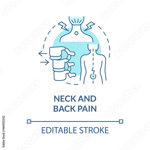 Neck and back pain blue concept icon. Patient with spine ache from bad posture. Physiotherapy abstract idea thin line illustration. Vector isolated outline color drawing. Editable stroke