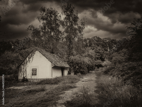 Abandoned and dilapidated wine houses in nature with threatening sky in monochrome.