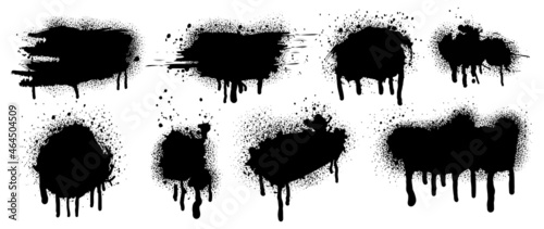Set of black brush, spray paint, ink brush strokes, brushes. Dirty artistic design elements. Vector illustration. Isolated on white background.