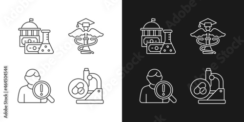 Experimental medicine linear icons set for dark and light mode. Government funding. Studying risk factors. Customizable thin line symbols. Isolated vector outline illustrations. Editable stroke