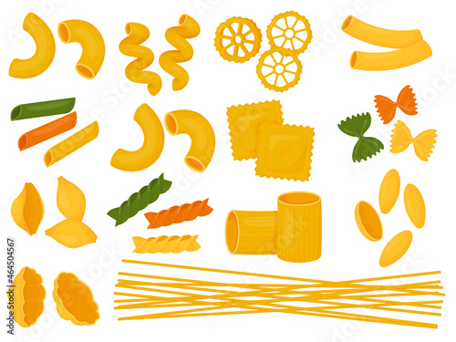 Big set of Italian pasta. Different types of Italian pasta. Spaghetti, Farfalle, penne, rigatoni, ravioli, fusilli,conchiglie, elbows, fettucine illustration.