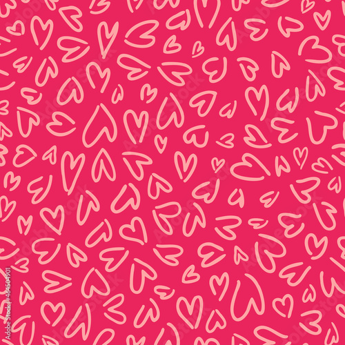 Doodled hearts seamless repeat pattern. Random placed, pink vector love sign all over surface print.